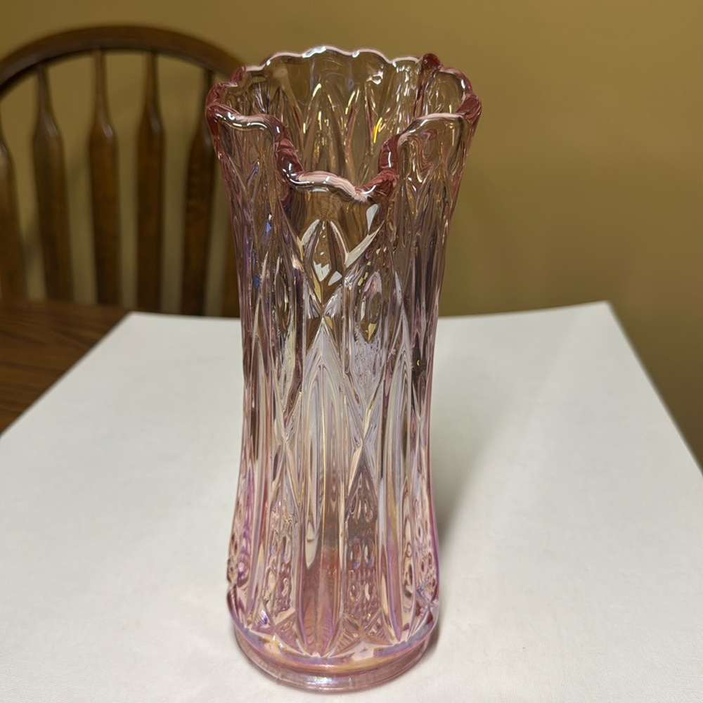 L E SMITH Pink Iridescent Glass Swung Vase 9.25" tall signed